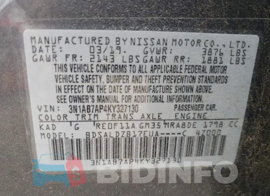 3N1AB7AP4KY327130 Photo# 10