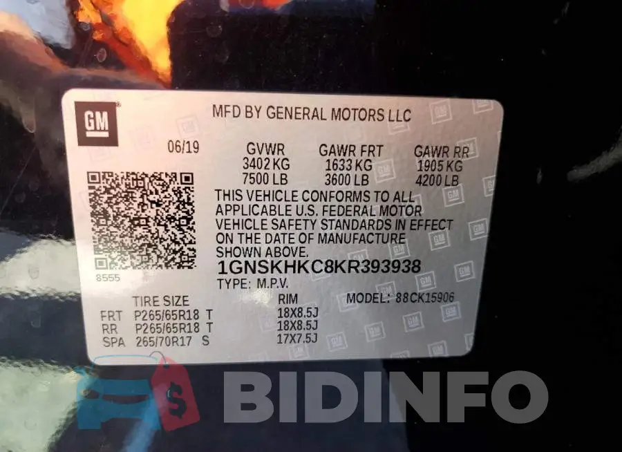 1GNSKHKC8KR393938 Photo# 10