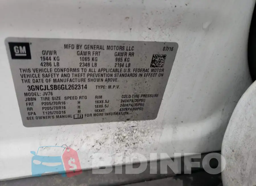 3GNCJLSB6GL262314 Photo# 10