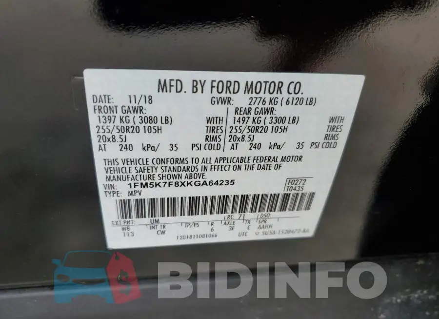 1FM5K7F8XKGA64235 Photo# 10