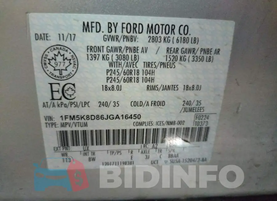 1FM5K8D86JGA16450 Photo# 10