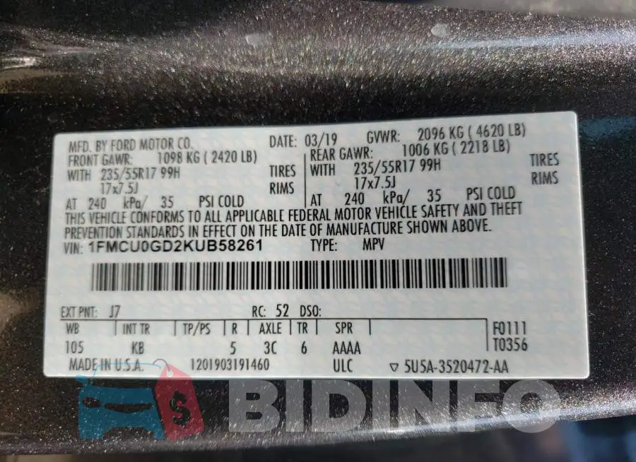 1FMCU0GD2KUB58261 Photo# 10