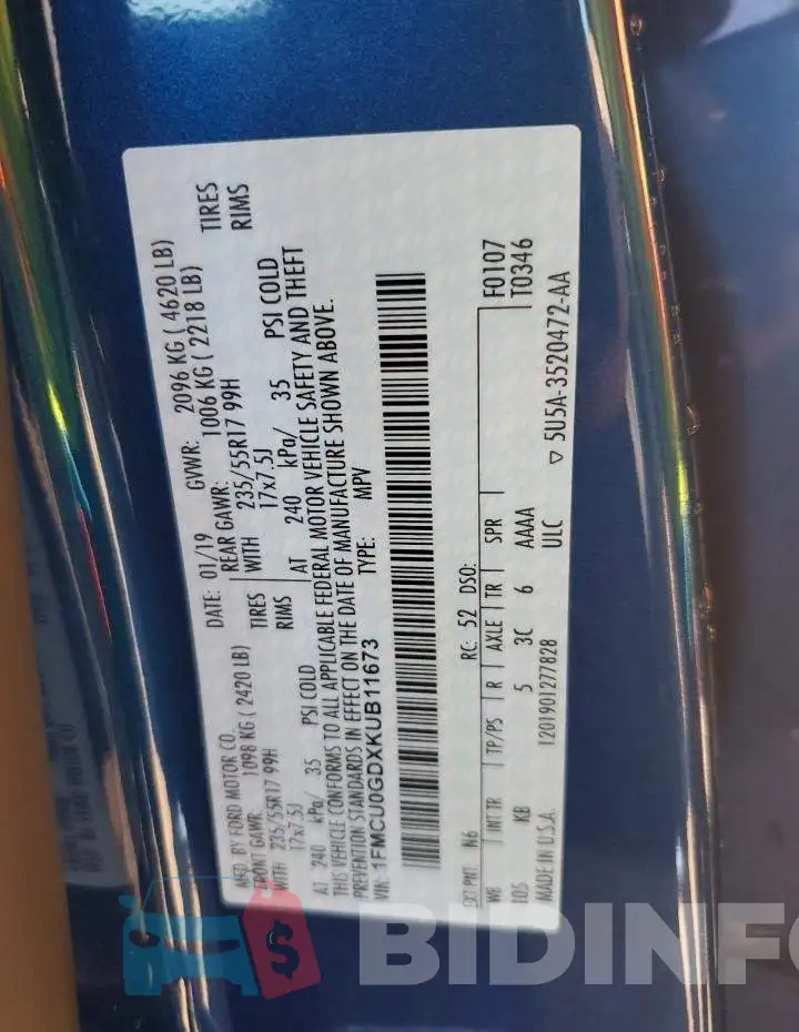 1FMCU0GDXKUB11673 Photo# 13