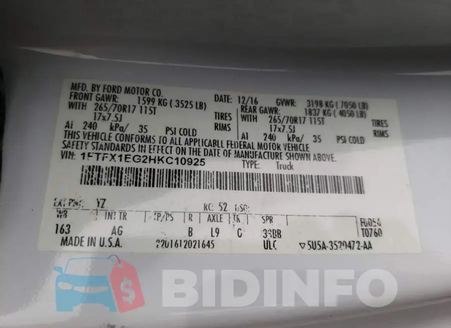 1FTFX1EG2HKC10925 Photo# 10