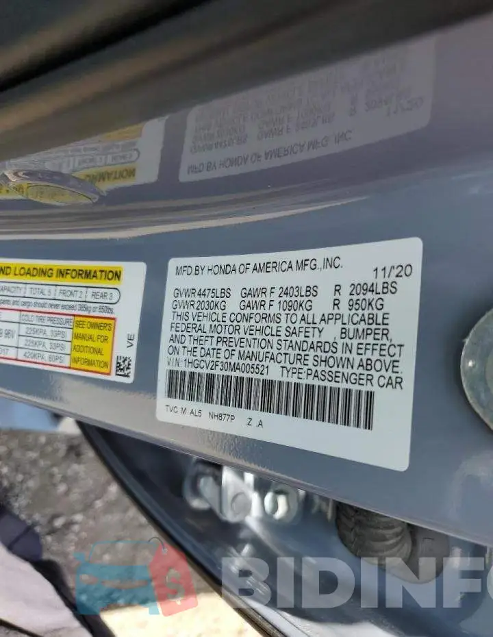 1HGCV2F30MA005521 Photo# 10