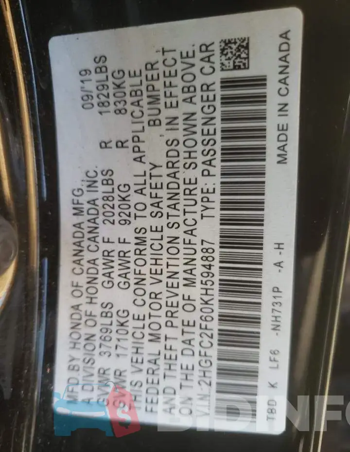 2HGFC2F60KH594887 Photo# 10
