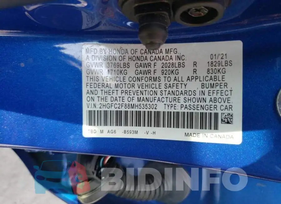 2HGFC2F88MH535302 Photo# 10