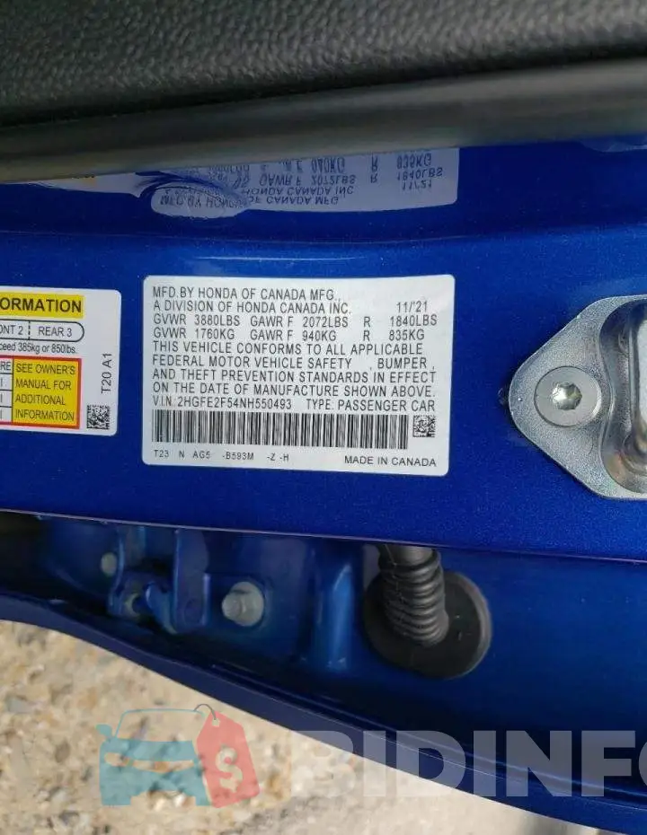 2HGFE2F54NH550493 Photo# 10