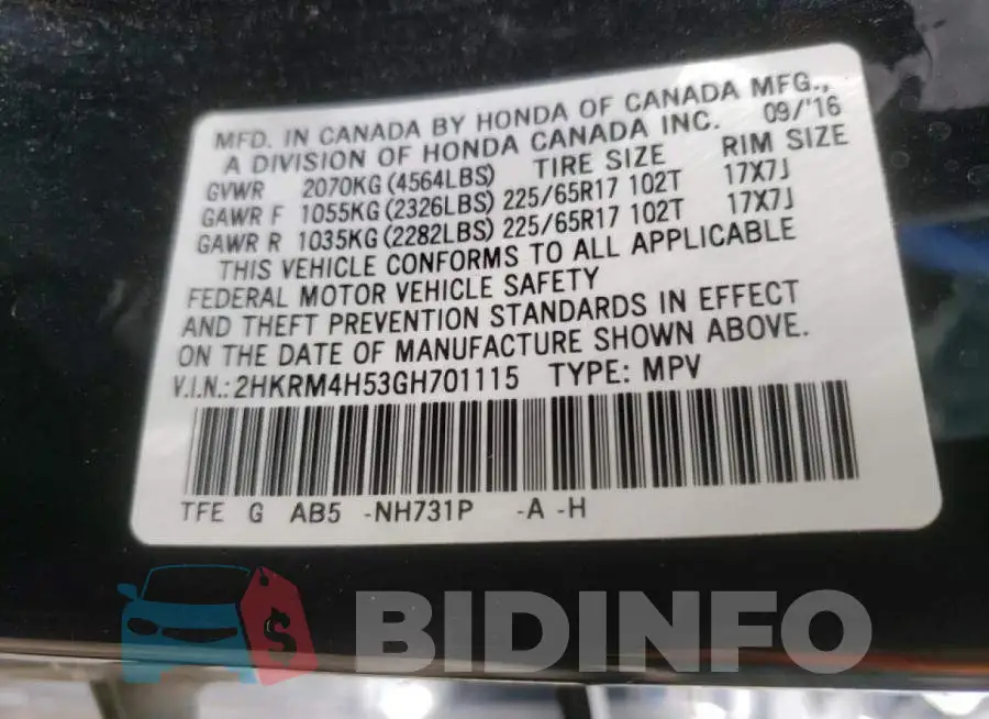 2HKRM4H53GH701115 Photo# 10