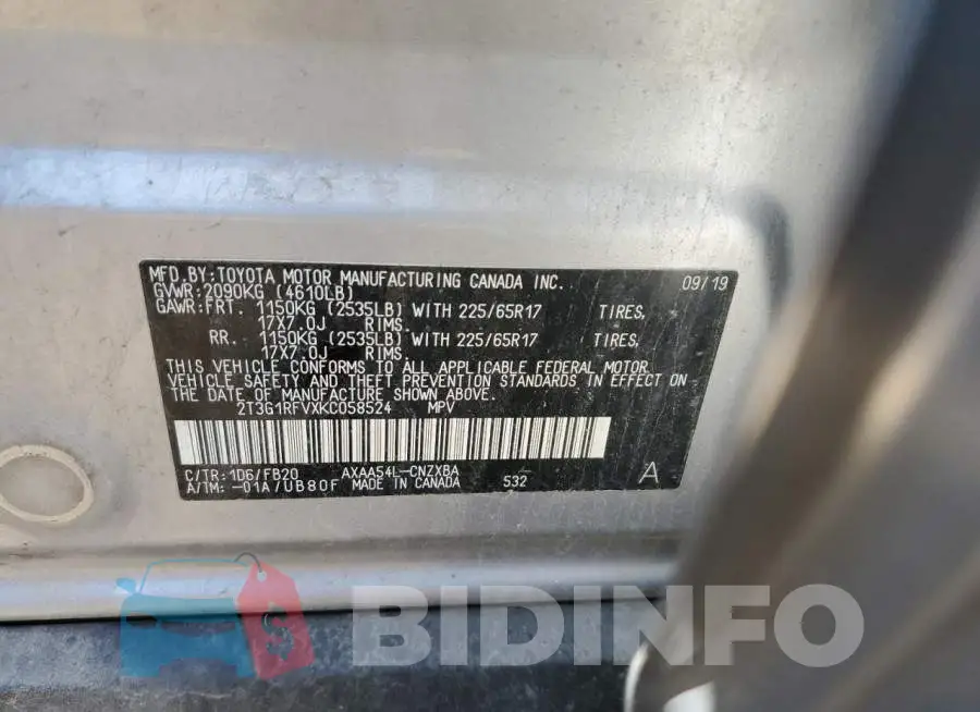 2T3G1RFVXKC058524 Photo# 10