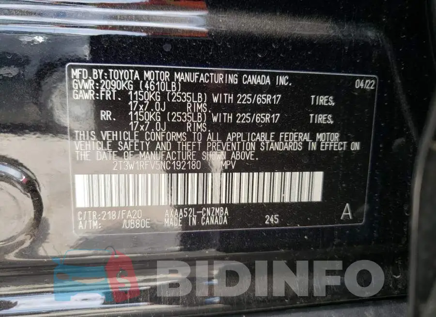 2T3W1RFV5NC192180 Photo# 10