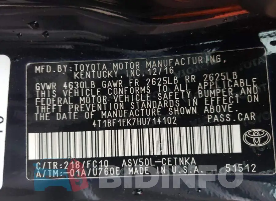 4T1BF1FK7HU714102 Photo# 10