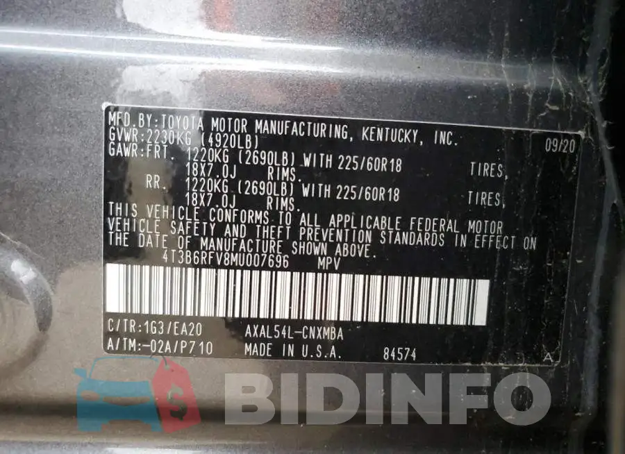 4T3B6RFV8MU007696 Photo# 10