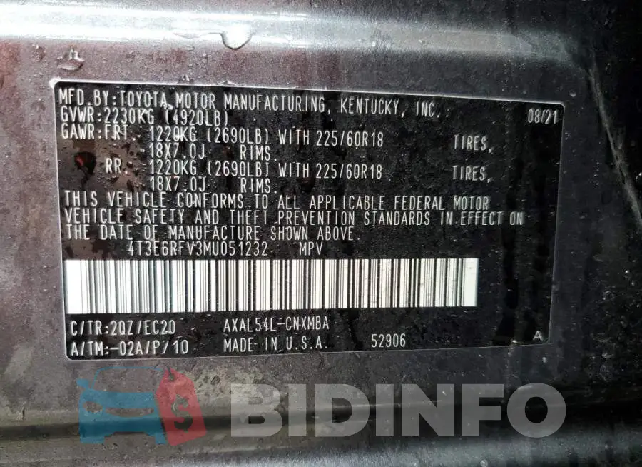 4T3E6RFV3MU051232 Photo# 10