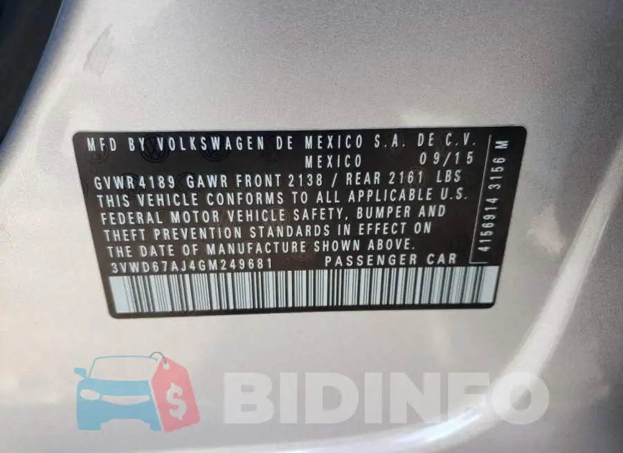 3VWD67AJ4GM249681 Photo# 10