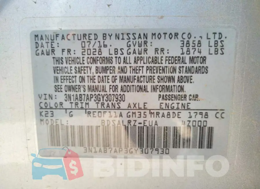 3N1AB7AP3GY307930 Photo# 10