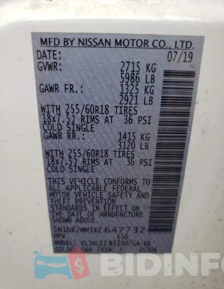5N1DR2MM1KC647732 Photo# 10