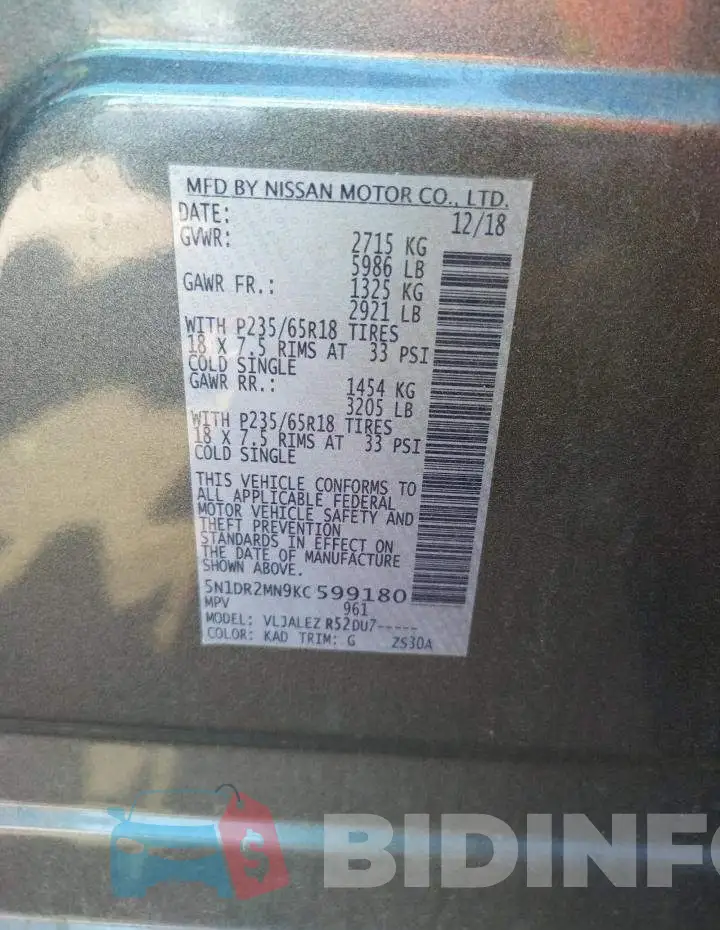 5N1DR2MN9KC599180 Photo# 10