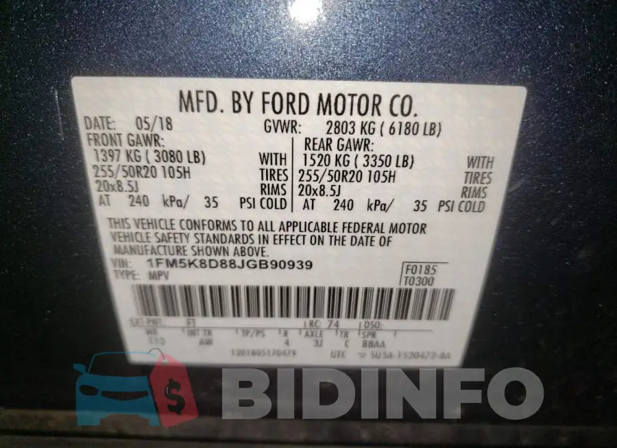 1FM5K8D88JGB90939 Photo# 10