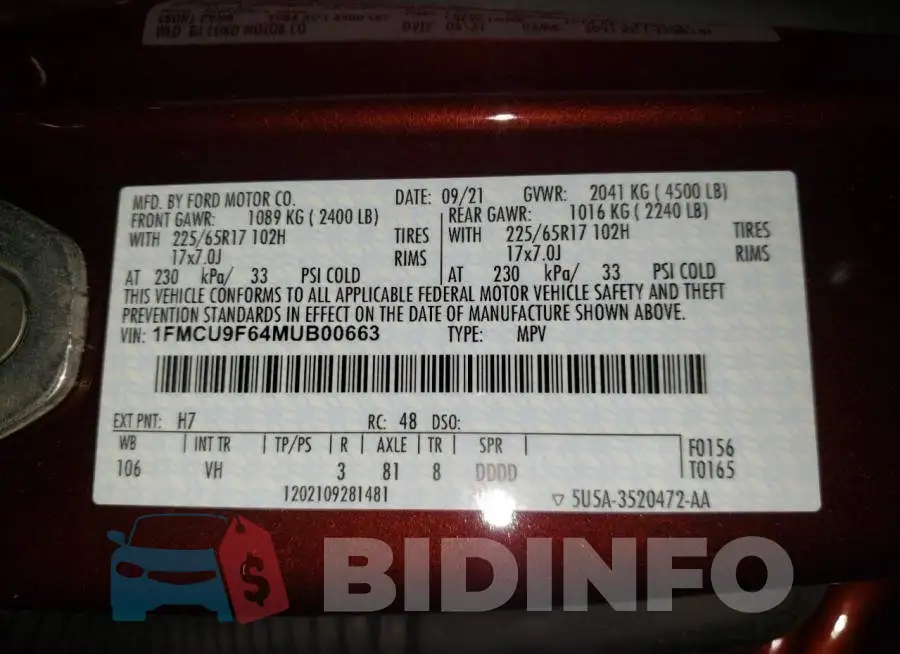 1FMCU9F64MUB00663 Photo# 10
