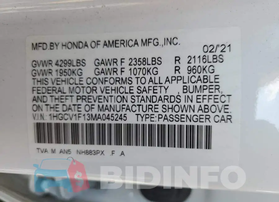 1HGCV1F13MA045245 Photo# 10