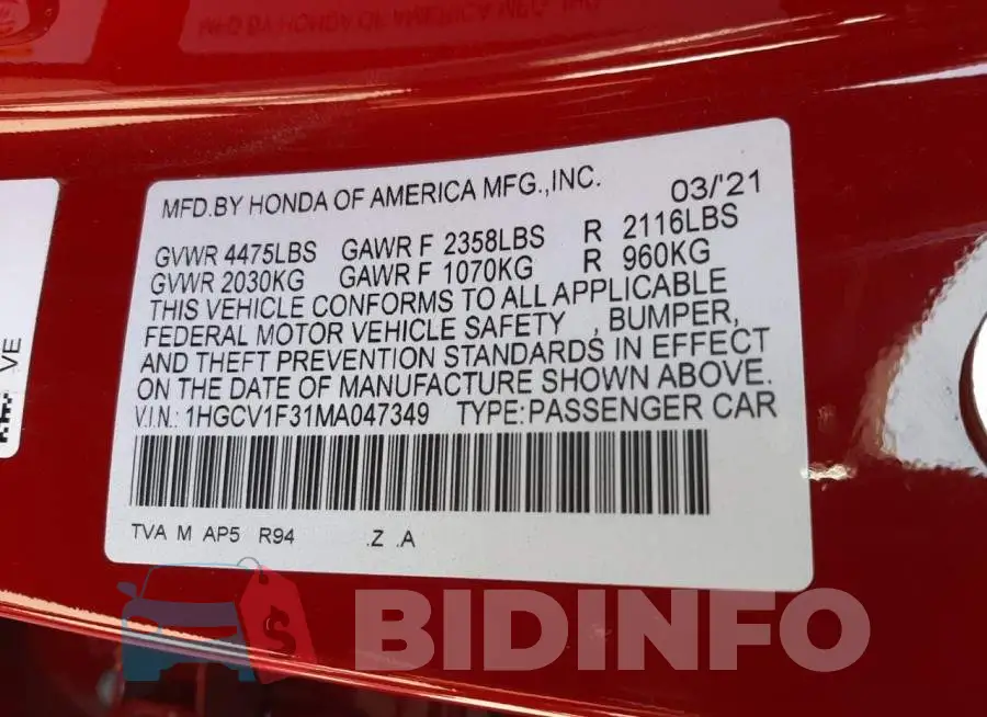 1HGCV1F31MA047349 Photo# 10