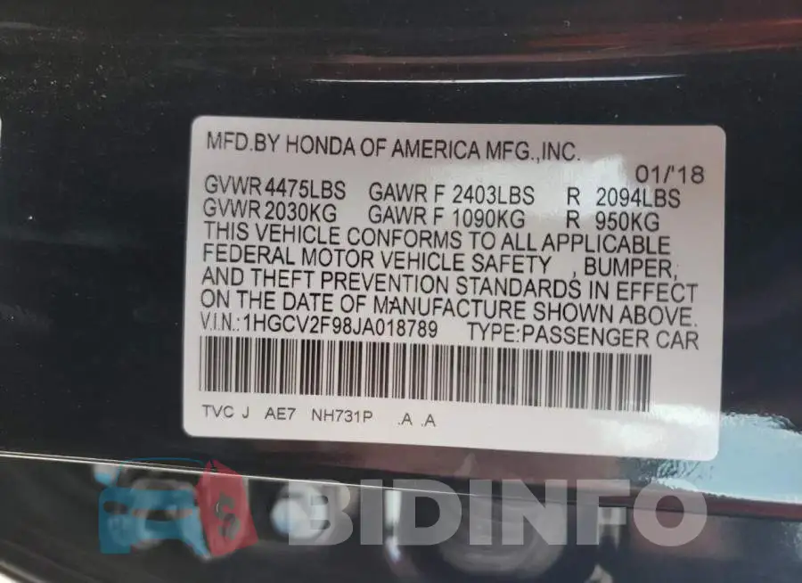 1HGCV2F98JA018789 Photo# 10