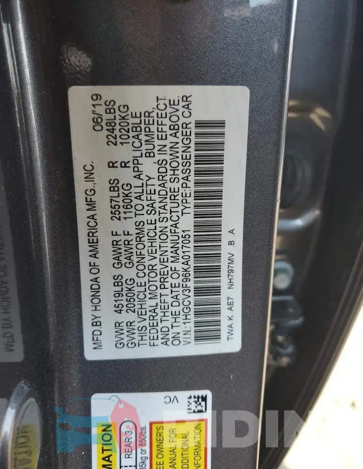 1HGCV3F96KA017051 Photo# 10