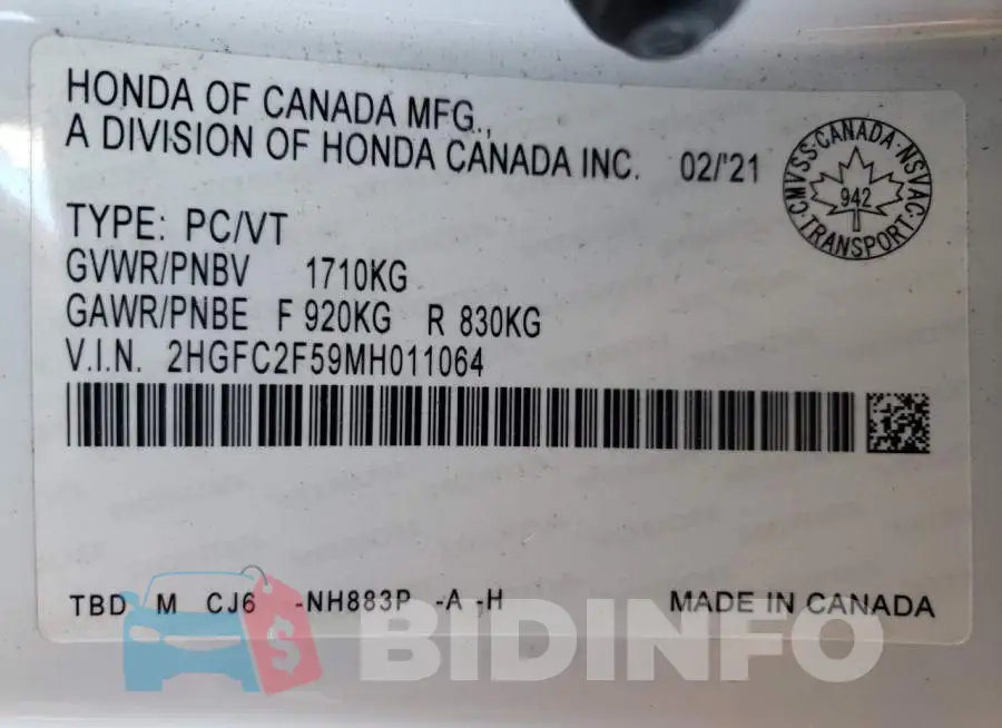 2HGFC2F59MH011064 Photo# 10