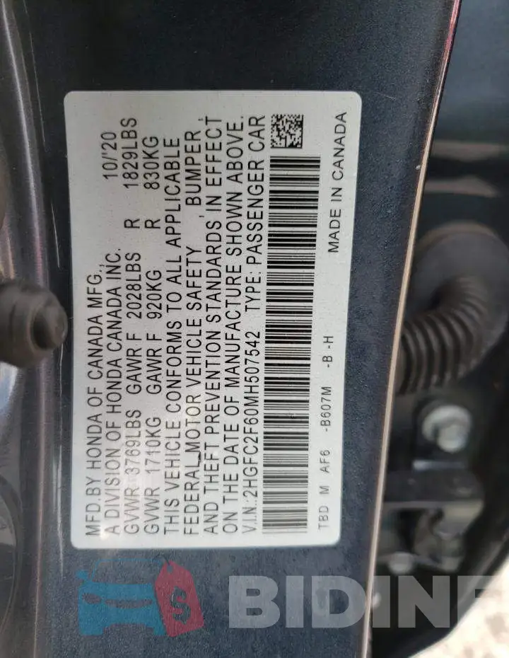 2HGFC2F60MH507542 Photo# 10