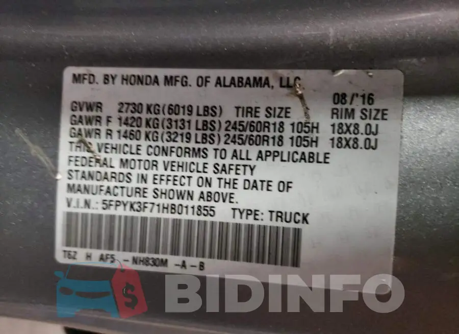 5FPYK3F71HB011855 Photo# 10