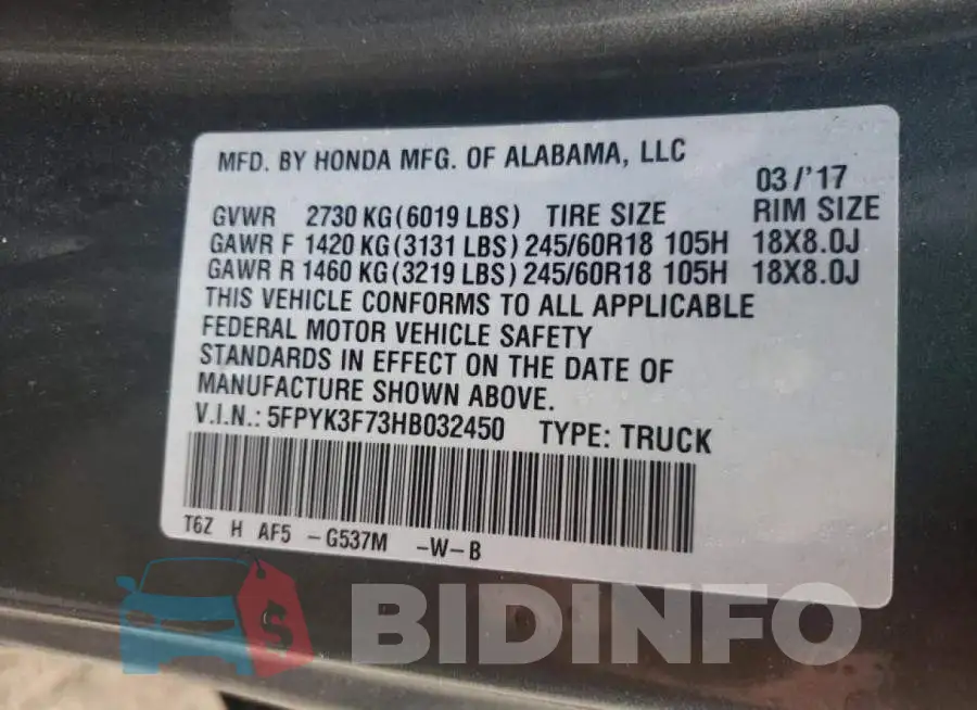 5FPYK3F73HB032450 Photo# 10