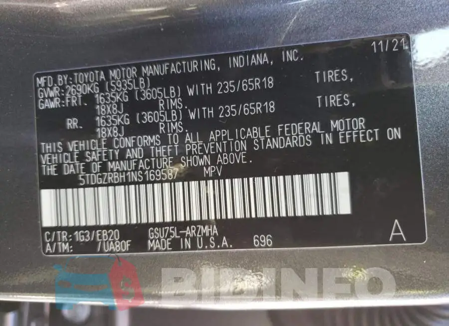 5TDGZRBH1NS169587 Photo# 10
