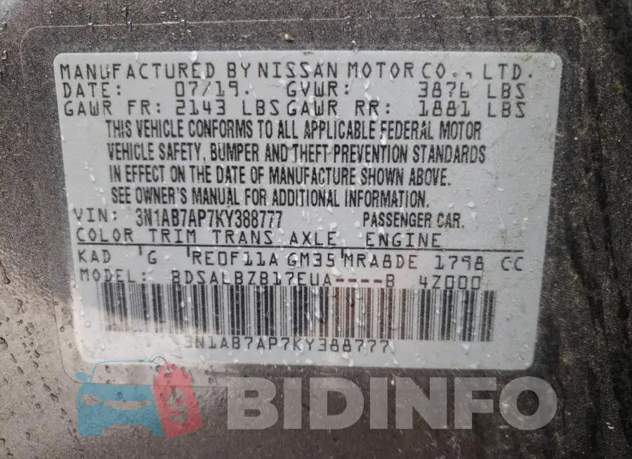 3N1AB7AP7KY388777 Photo# 10