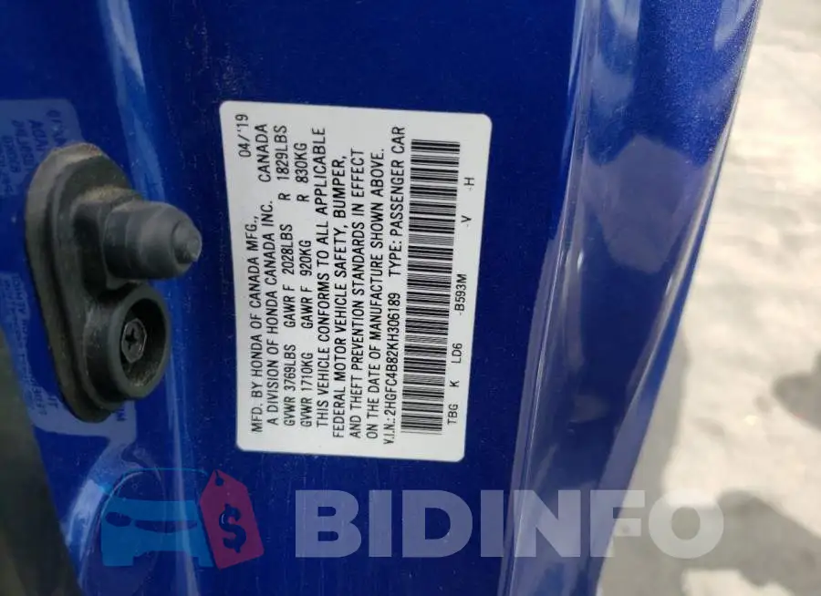 2HGFC4B82KH306189 Photo# 10