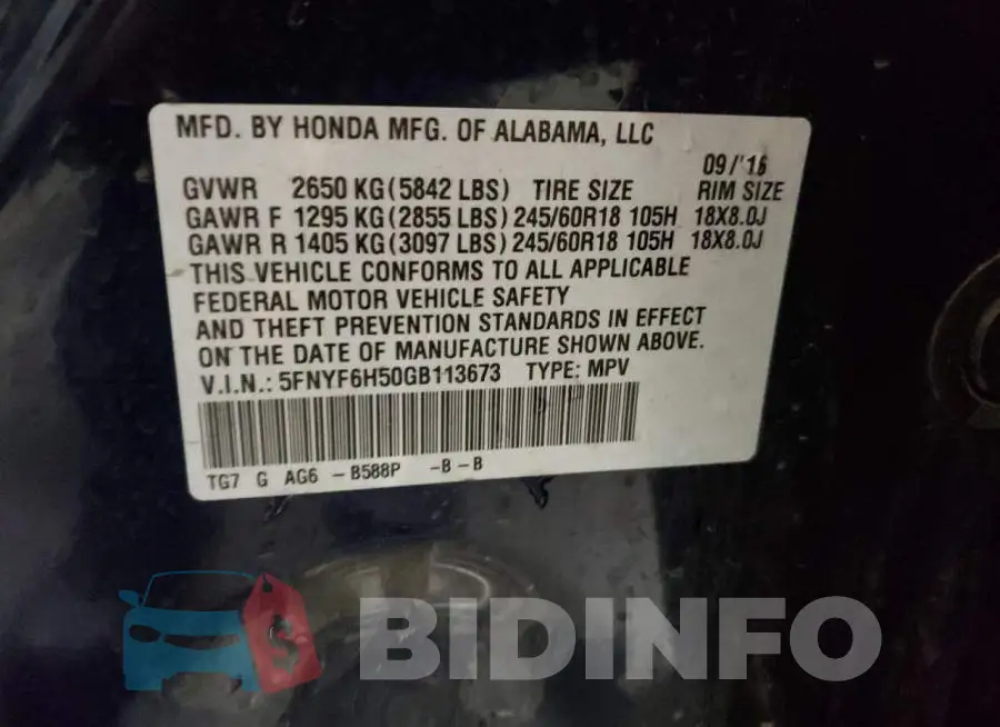 5FNYF6H50GB113673 Photo# 10