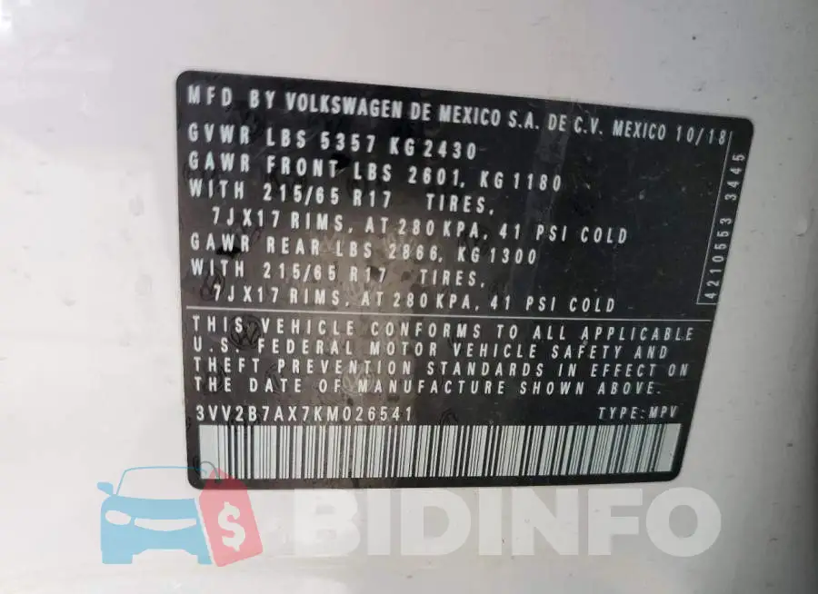 3VV2B7AX7KM026541 Photo# 10