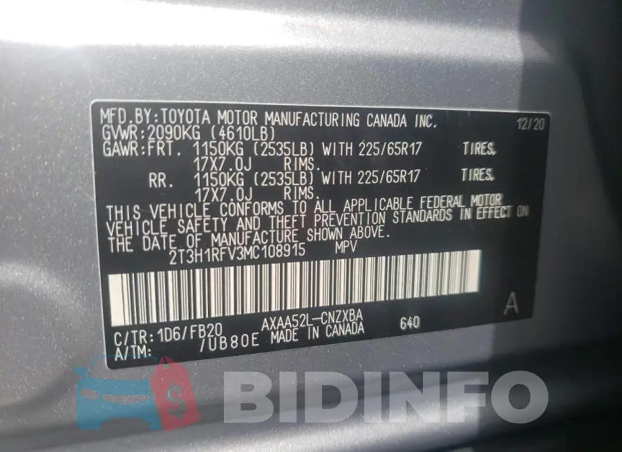 2T3H1RFV3MC108915 Photo# 10