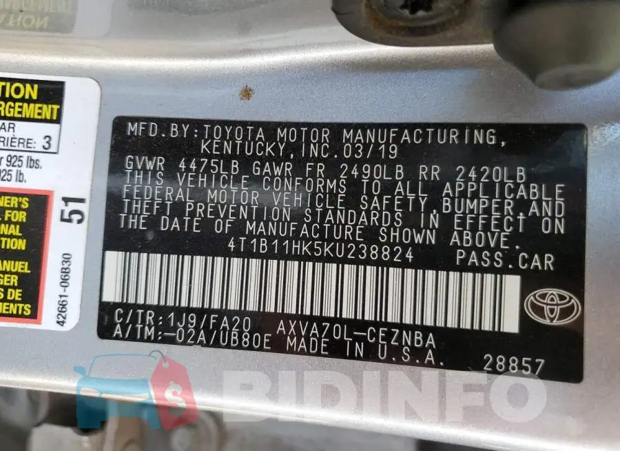 4T1B11HK5KU238824 Photo# 12