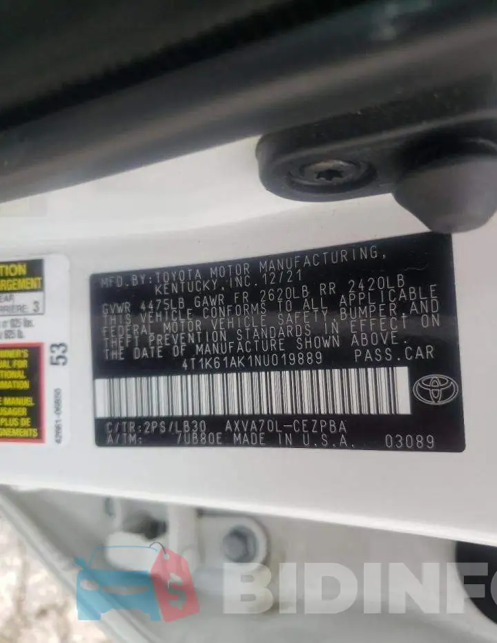 4T1K61AK1NU019889 Photo# 10