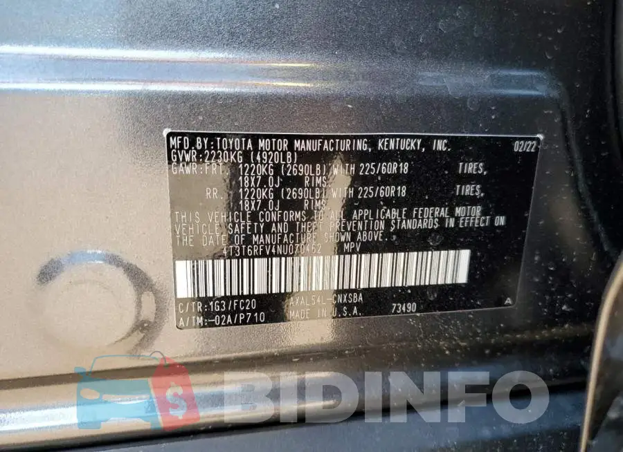 4T3T6RFV4NU070462 Photo# 10