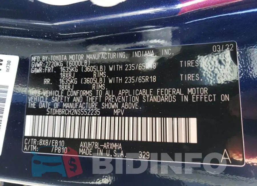 5TDHBRCH2NS552235 Photo# 10