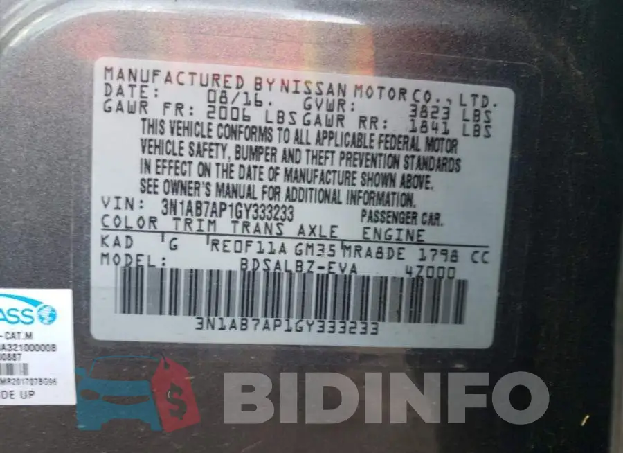3N1AB7AP1GY333233 Photo# 10
