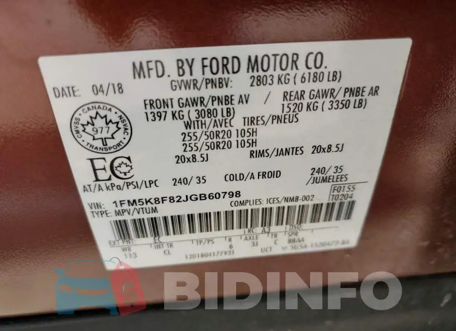 1FM5K8F82JGB60798 Photo# 10