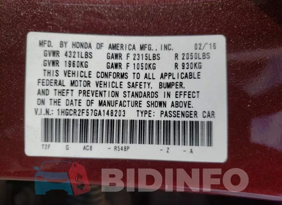 1HGCR2F57GA148203 Photo# 10