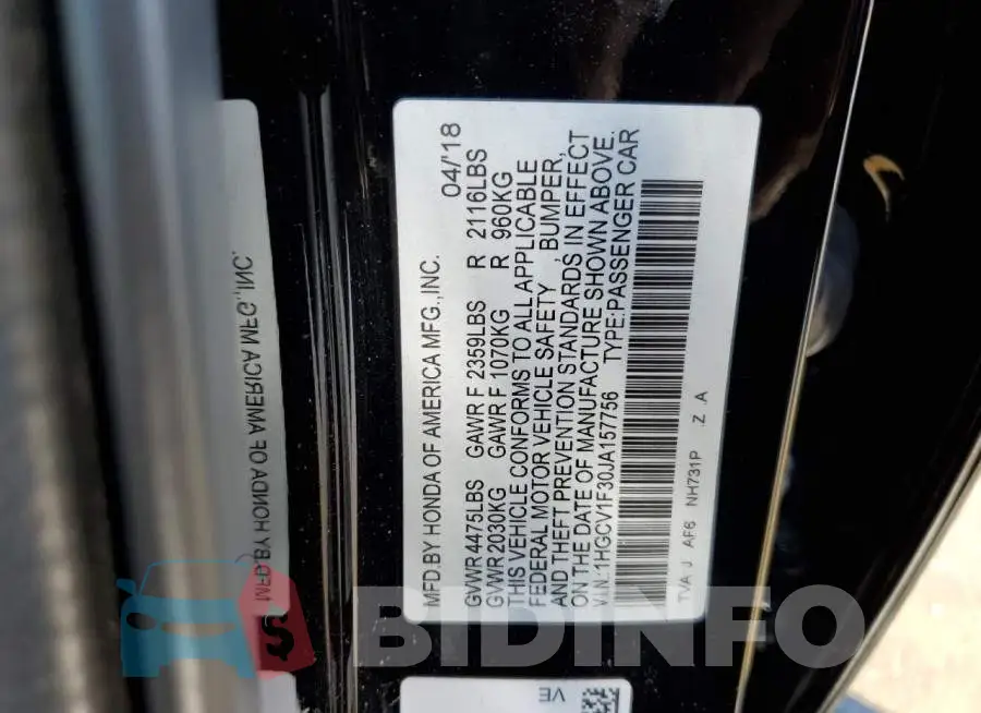 1HGCV1F30JA157756 Photo# 10