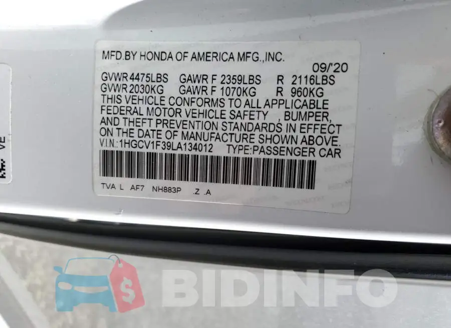 1HGCV1F39LA134012 Photo# 10