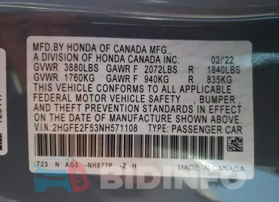 2HGFE2F53NH571108 Photo# 10