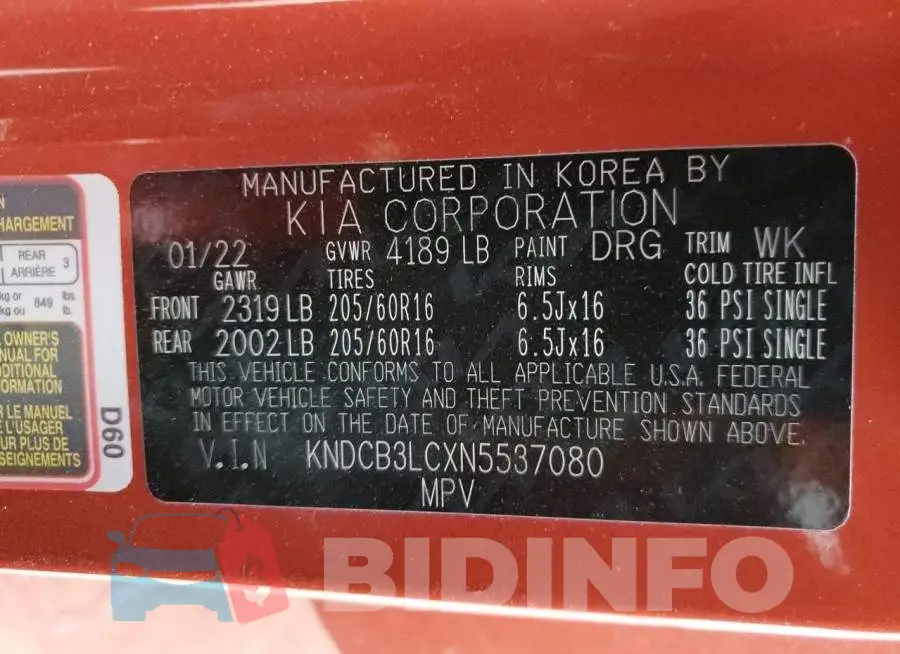 KNDCB3LCXN5537080 Photo# 10