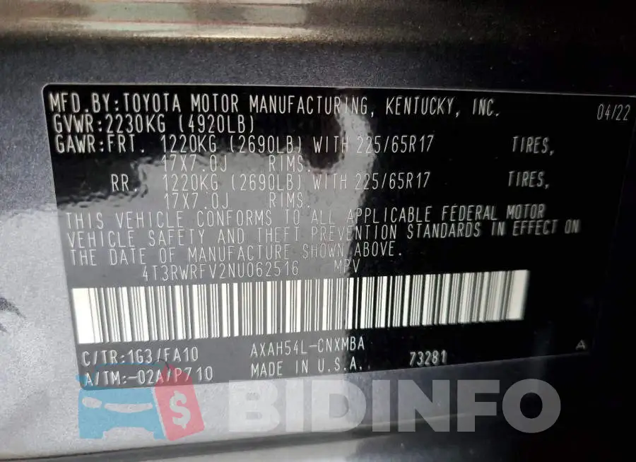 4T3RWRFV2NU062516 Photo# 10